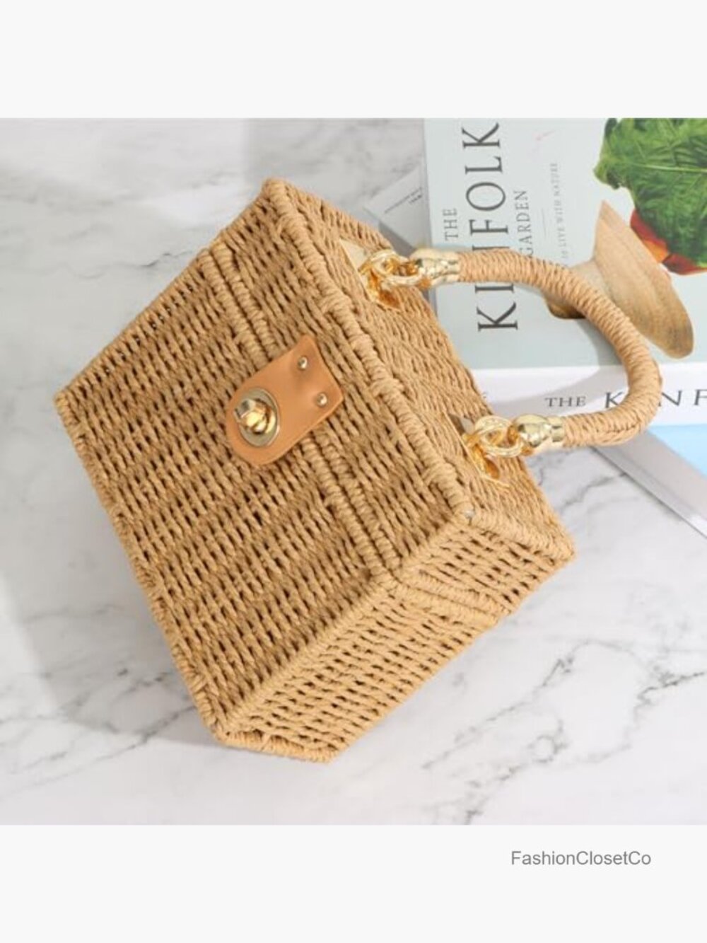 Woven Wicker Rattan Purse Straw Tote Bag Summer Beach Vacation Box Bucket Bag - Picture 3 of 7